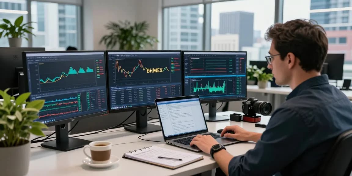 Отзывы о битмекс биржа в современном офисе с трейдером и графиками.