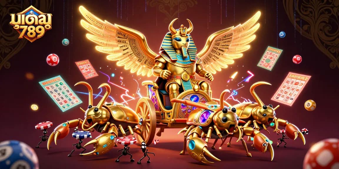 Experience thrilling lottery excitement with มูเตลู789 as golden scarab beetles lead a game of chance with dazzling elements.
