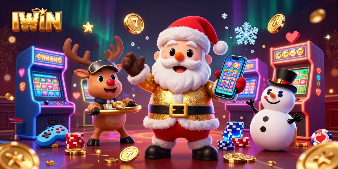 IWIN brings slots excitement to life, featuring festive characters in a vibrant casino setting.