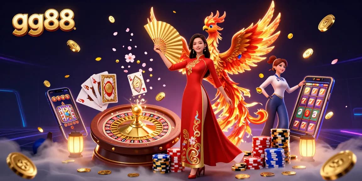 Engage in thrilling casino action at gg88 with a graceful woman and phoenix amid cascading coins.