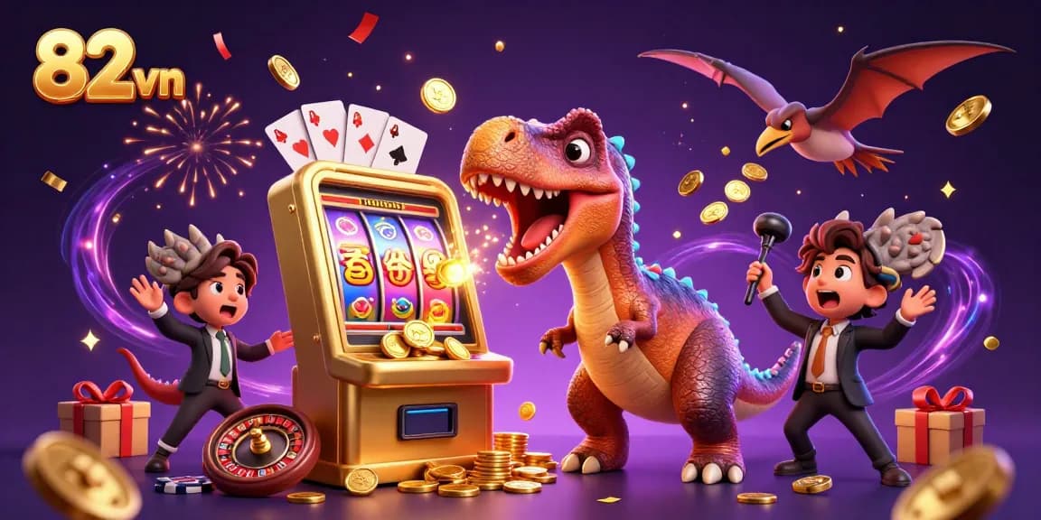Catch flying coins in the vibrant scene as a pachycephalosaurus interacts with a golden slot machine, highlighting 82 vn's dynamic entertainment.