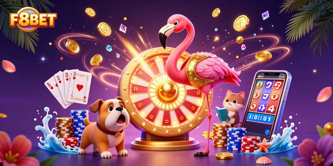 Experience thrilling moments of winning at F8BET with a vibrant game show scene featuring a flamingo host, coins, and slot reels.