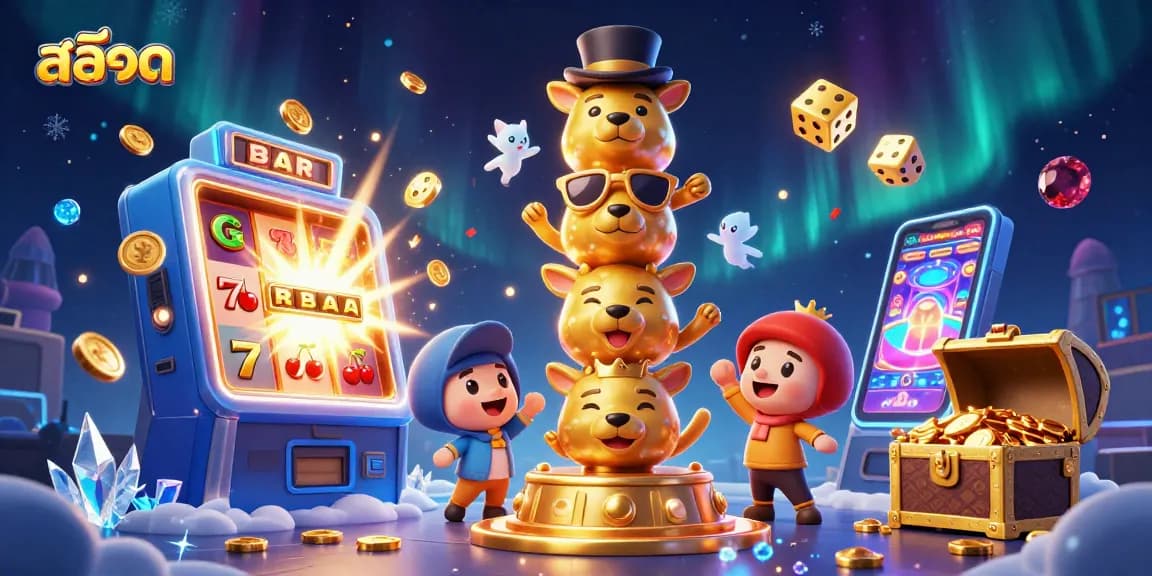 Celebrate สล็อต victories with a vibrant 3D illustration of dynamic slot machine moments.