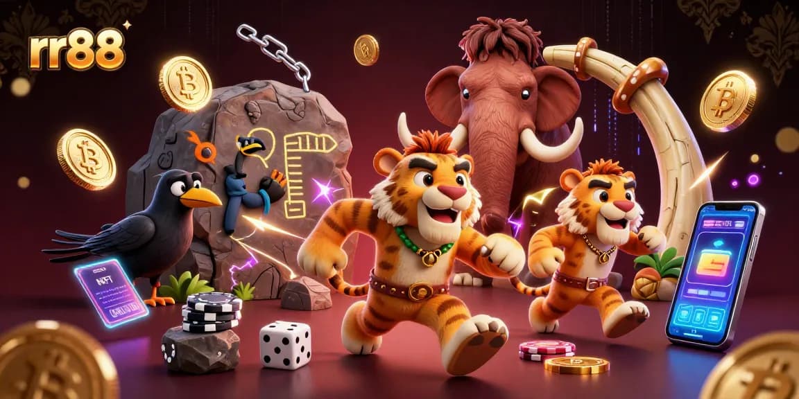Immerse in the dynamic rr88 casino scene with cavemen, poker chips, and crypto coins.