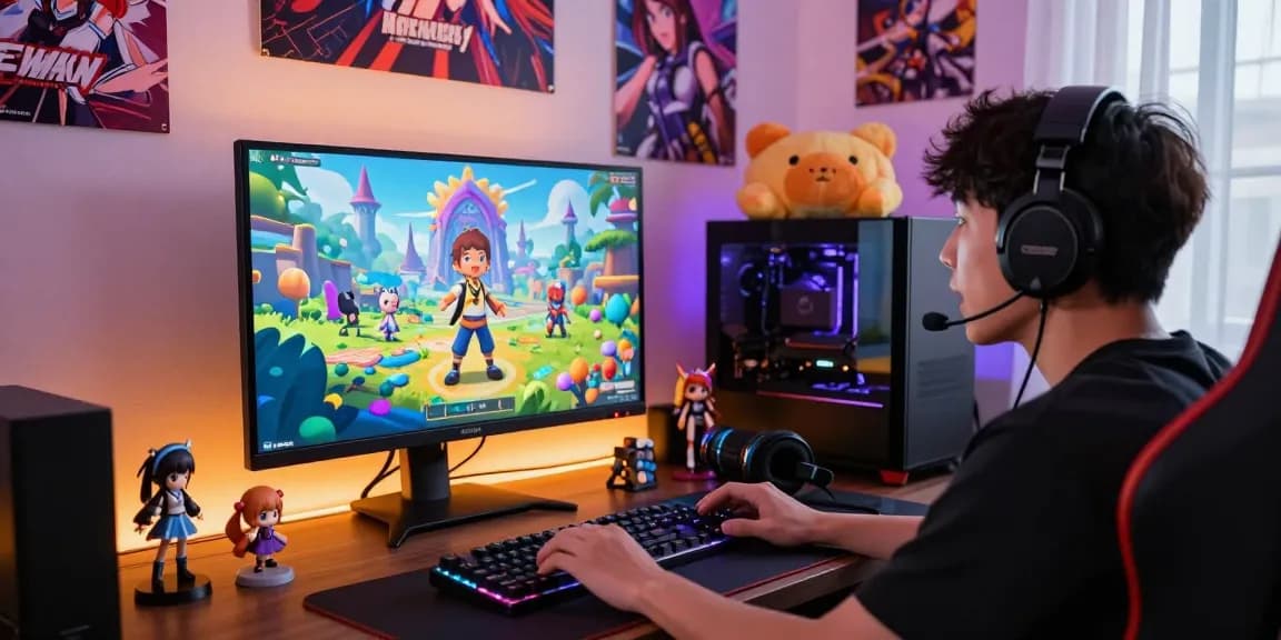 Gamer enjoying hentai games in a colorful and cozy gaming setup, showcasing excitement and vibrant gaming accessories.