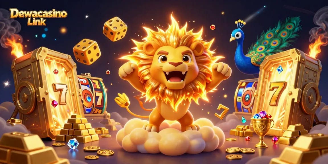 Experience thrilling slots at Dewacasino Link with a vibrant display of gaming elements and golden treasures.