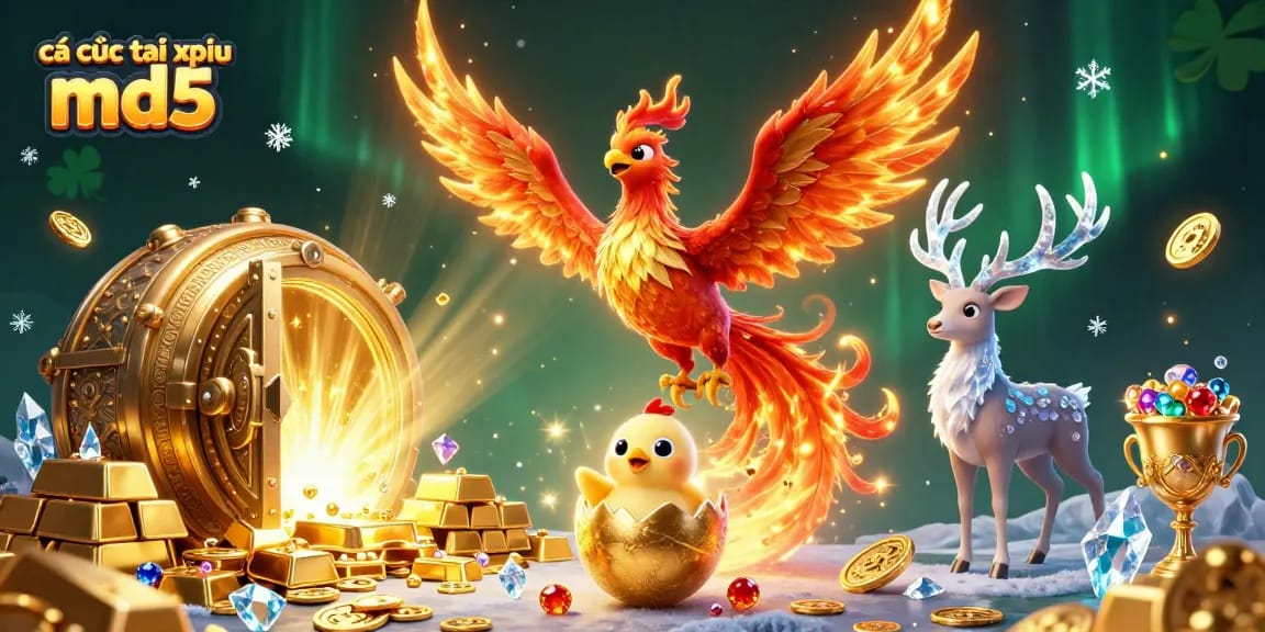 Experience the thrill of cá cược tài xỉu md5 with vibrant visuals of gaming riches and mythical creatures.