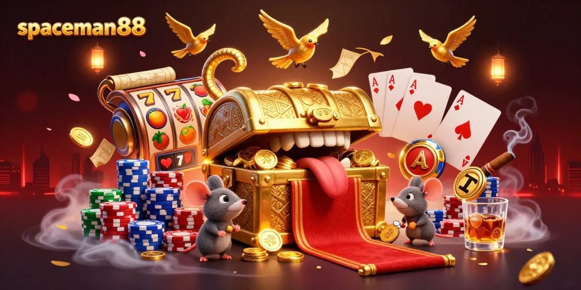 Experience the thrill of spaceman88 with unique slot reels and golden symbols in a vibrant casino scene.