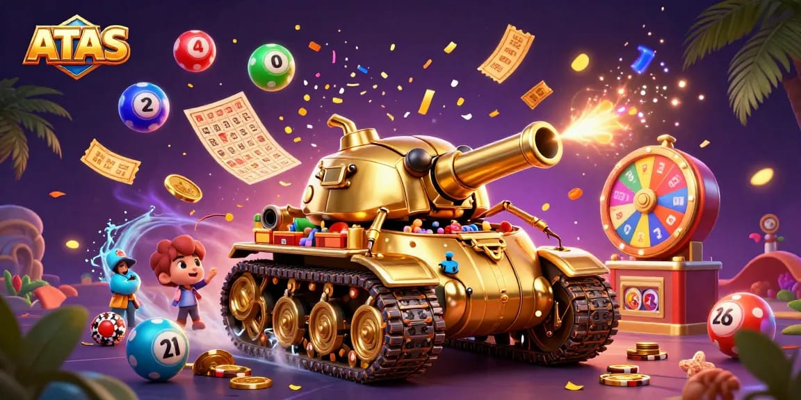 Play ATAS casino games in an exciting 3D scene with confetti and numbered lottery balls.