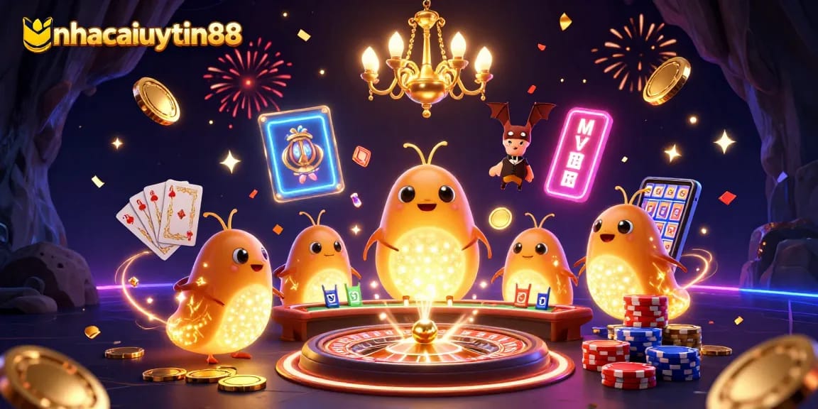 Play games at nhacaiuytin88 with vibrant glowworms glowing in a casino.