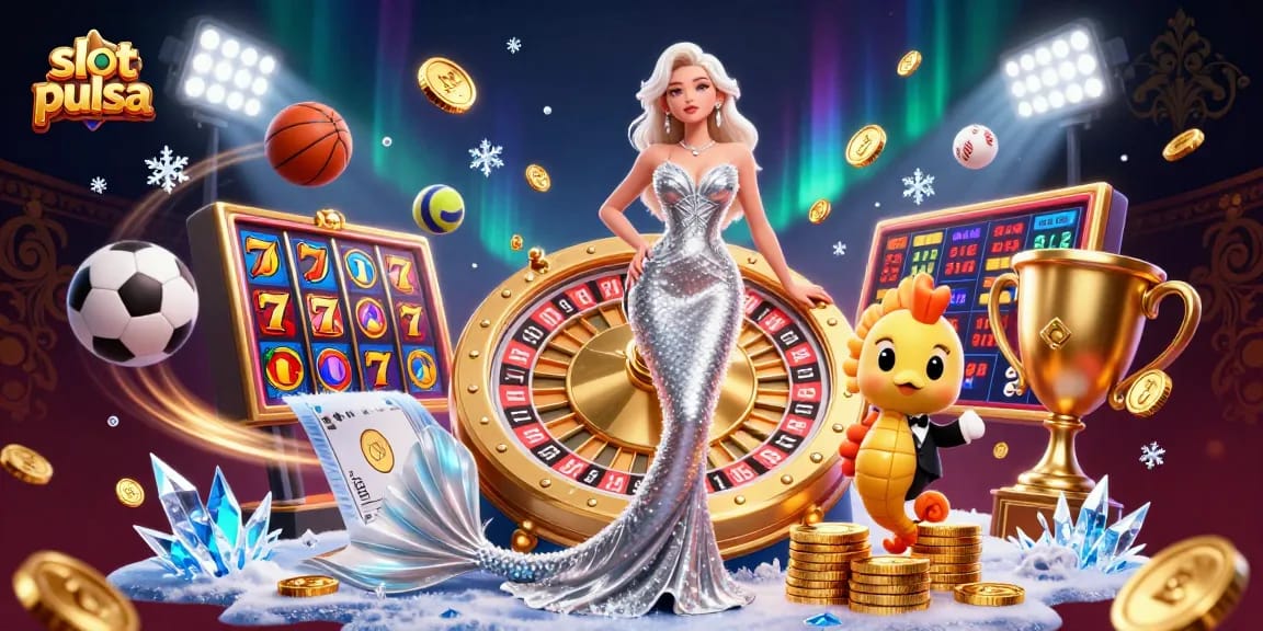 Rasakan kegembiraan slot pulsa dengan seorang wanita glamor di samping roda roulette, di tengah elemen permainan yang dinamis.