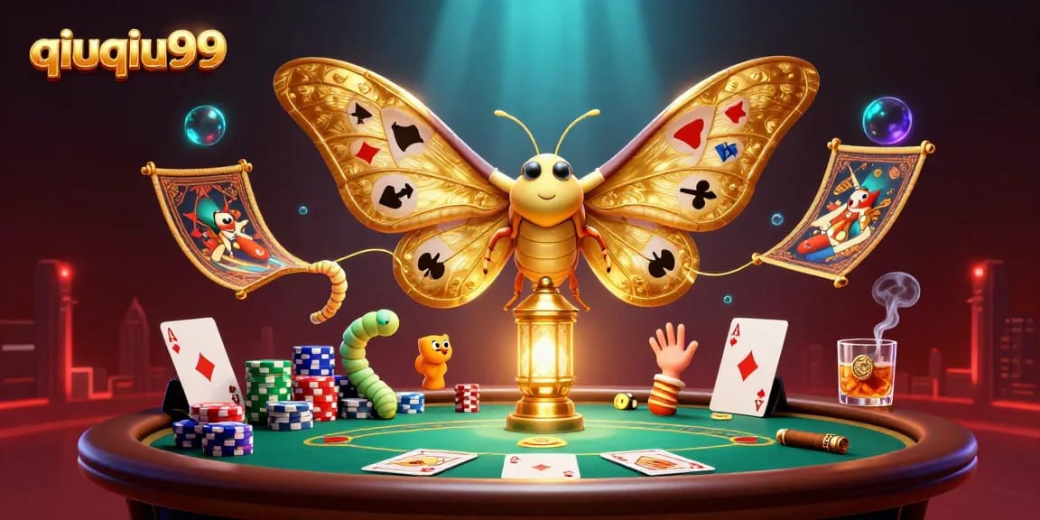 Experience thrilling gameplay at qiuqiu99 with a dynamic casino scene featuring a magical moth and poker stakes.