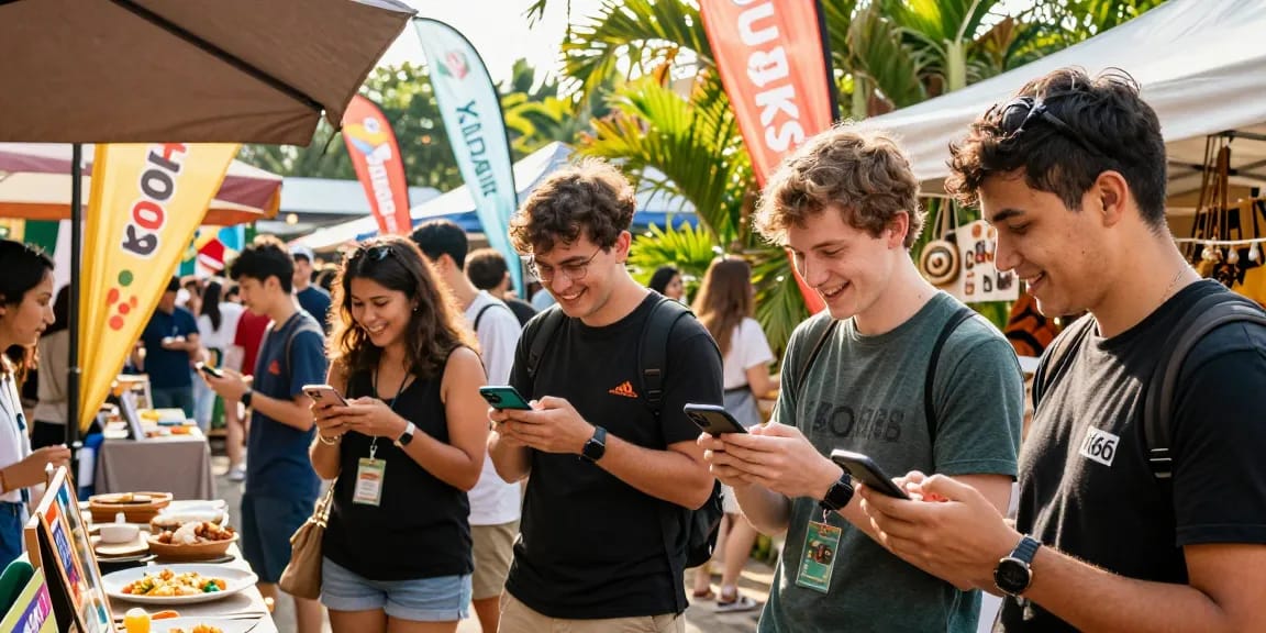 Users engaging with the KO66 app at a lively market, enjoying unique experiences.