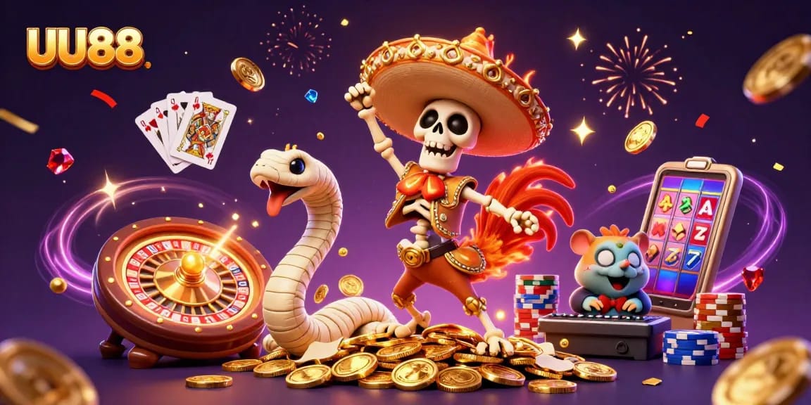 Experience exciting gameplay with UU88 as a mariachi rooster celebrates amidst casino features.