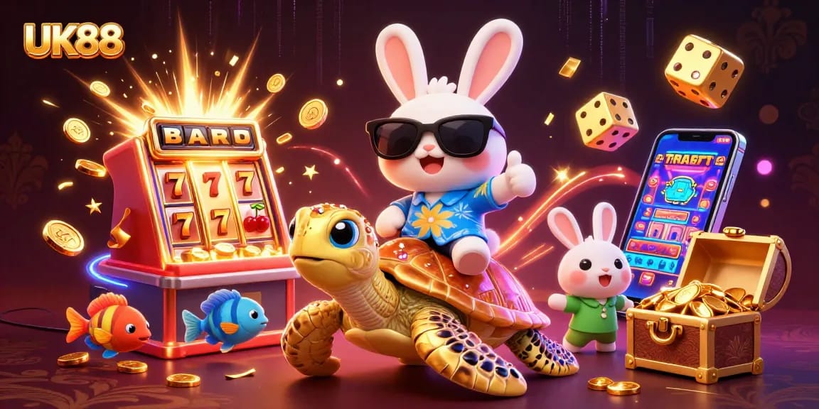 Join the excitement with UK88's animated lucky rabbit and golden sea turtle amidst a jackpot and casino-themed scene.