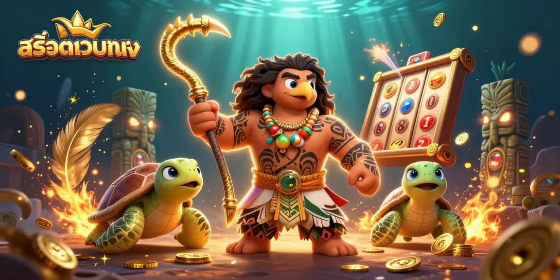 Spin the reels with สล็อตเว็บตรง featuring a Polynesian demigod and a turtle sidekick in a vibrant slot scene.