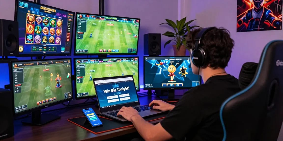 Intense gaming scene focused on live betting and Prediksi Bola Malam Ini with vibrant screen displays and immersive atmosphere.
