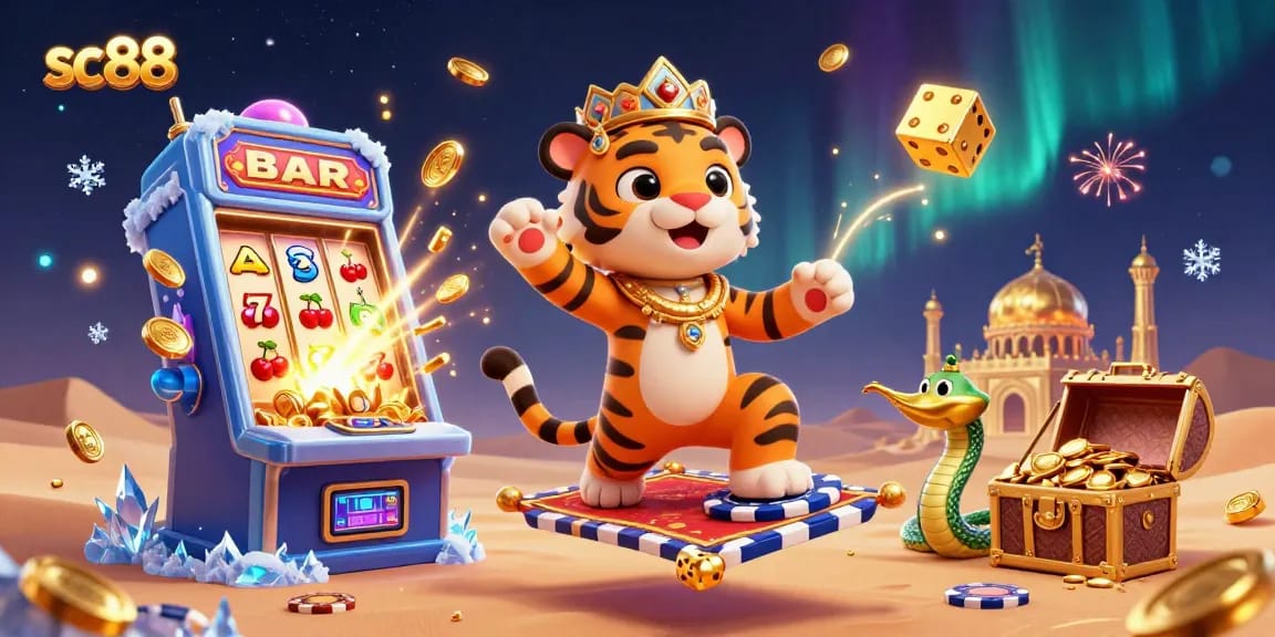 Spin to win with sc88 in an extravagant desert-themed 3D casino scene filled with jackpots and treasures.