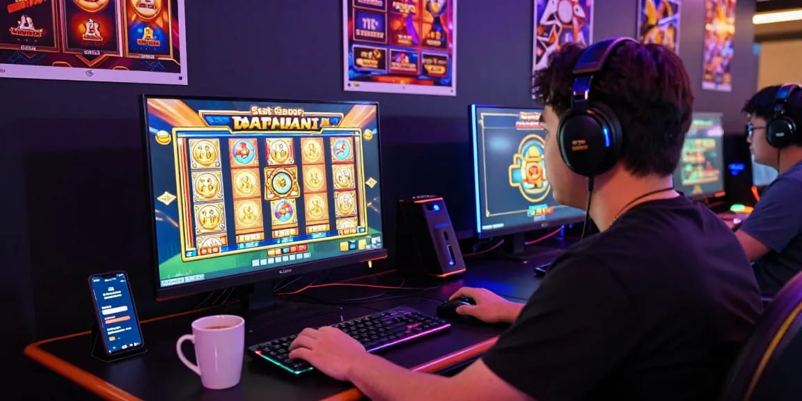Engaged player experiences Slot Gacor Malam Ini with an immersive gaming setup and vibrant slot graphics.