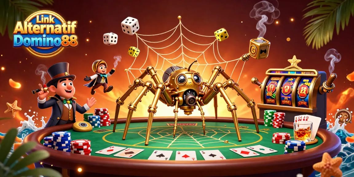 Win big at Link Alternatif Domino88 with a colorful 3D casino illustration showcasing vibrant poker elements.