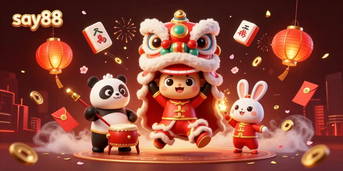 Experience excitement at say88 with vibrant 3D casino festivities featuring a lion dance and rich decorations.