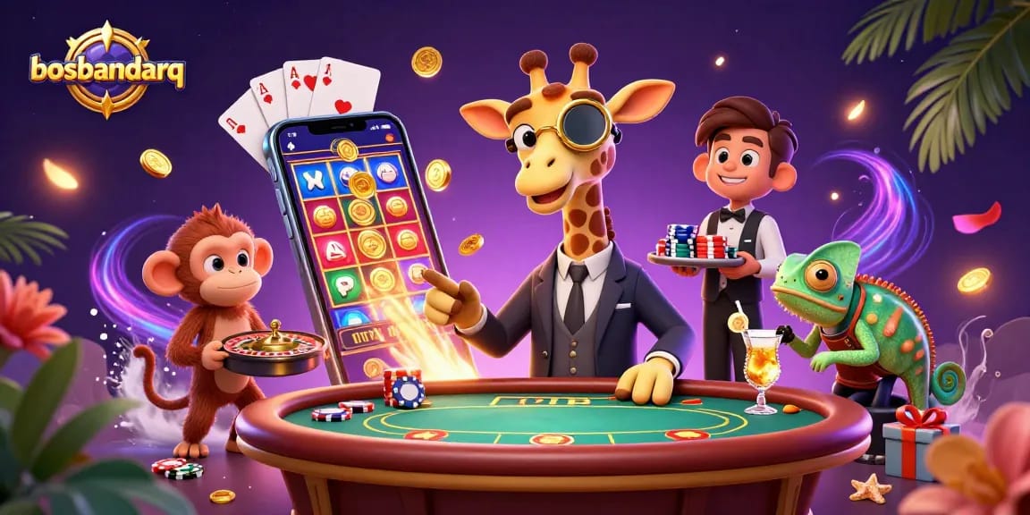 Experience the vibrant entertainment of bosbandarq featuring a high-roller giraffe and casino action.
