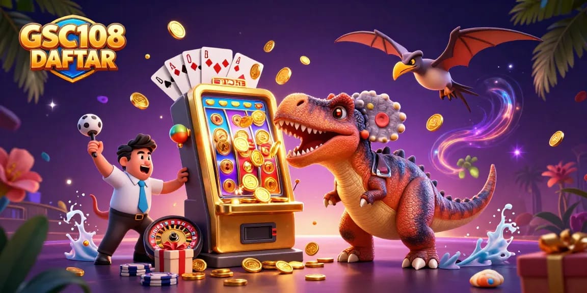 Experience GSC108 DAFTAR with cartoon dinosaurs interacting with a jackpot slot machine and flying coins.