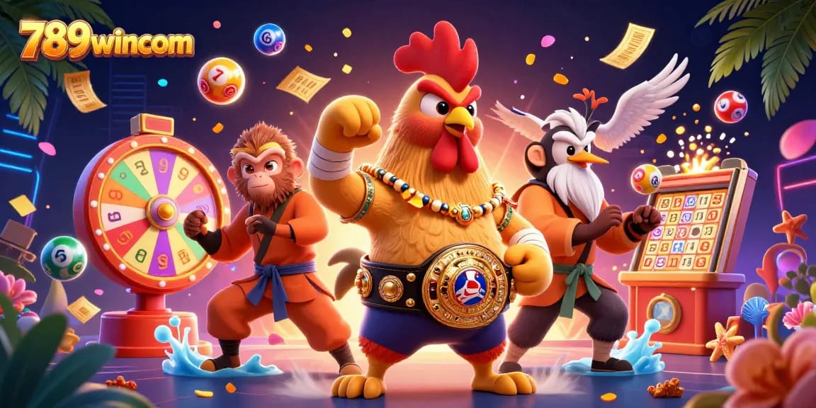 Engage in 789wincom's immersive gaming experience with vibrant lottery elements and energetic characters.