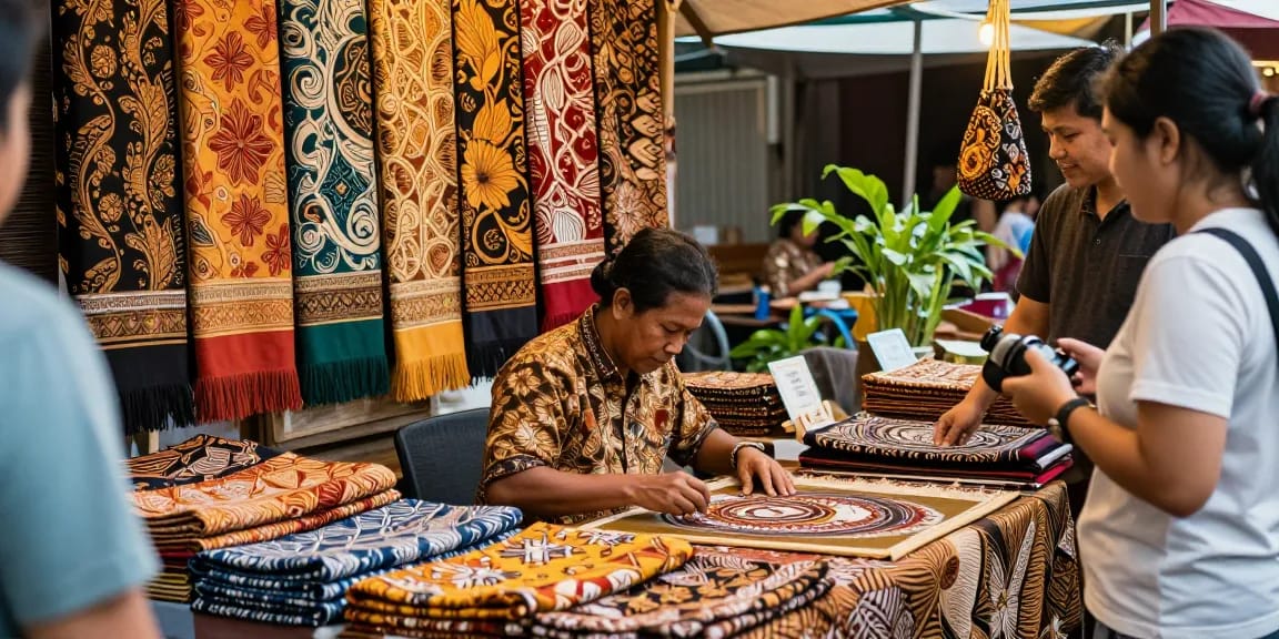 Toko kain Batik 88 dengan seniman yang sedang berkarya di pasar tradisional.