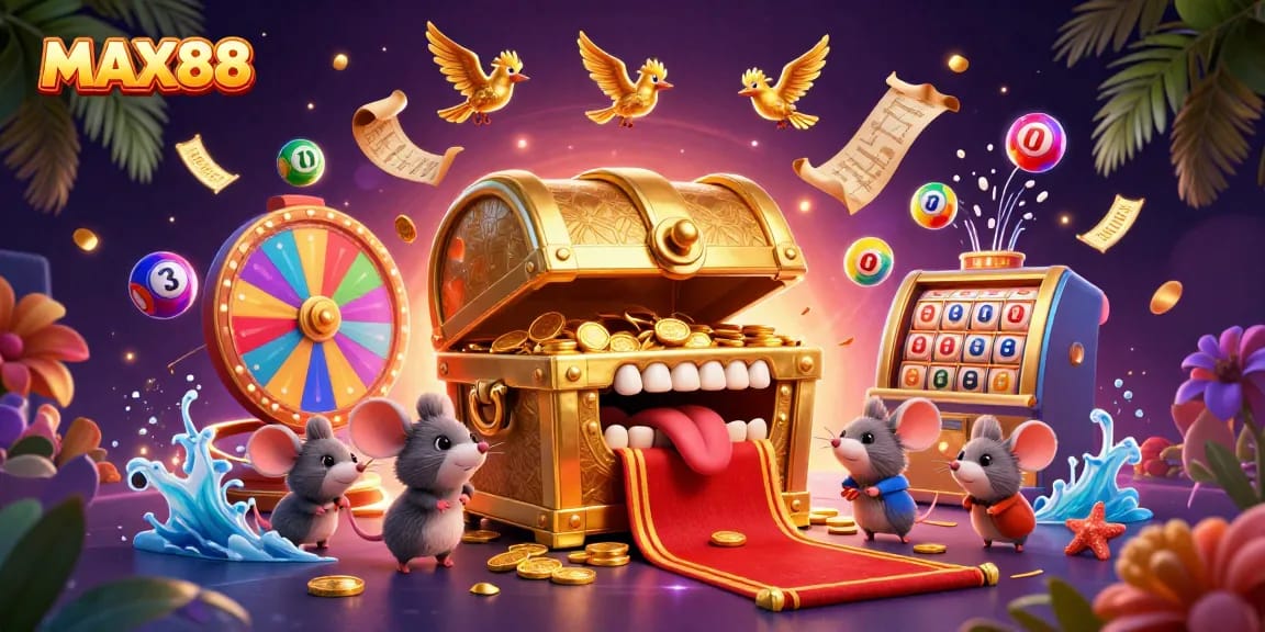 Engage with MAX88's vibrant lottery scene featuring golden treasures enticing adventurers.