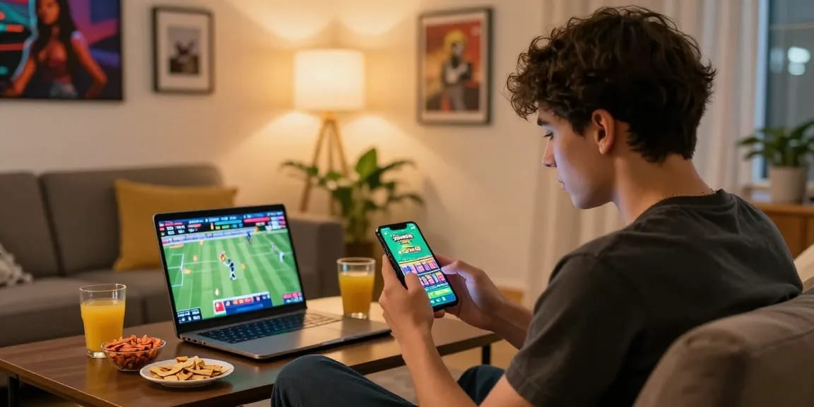Engaged user playing Teen Patti Loot on smartphone in a cozy living room, with snacks and vibrant game graphics.