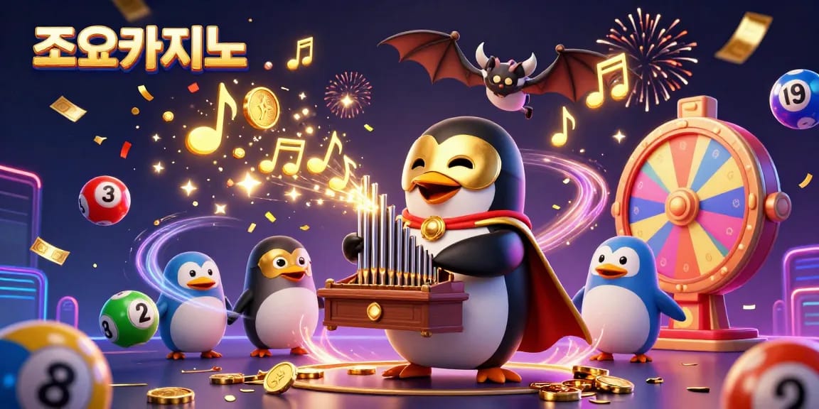 Experience the vibrant excitement at 조이카지노 with colorful lottery balls and golden coins raining as a cartoon penguin plays its organ.