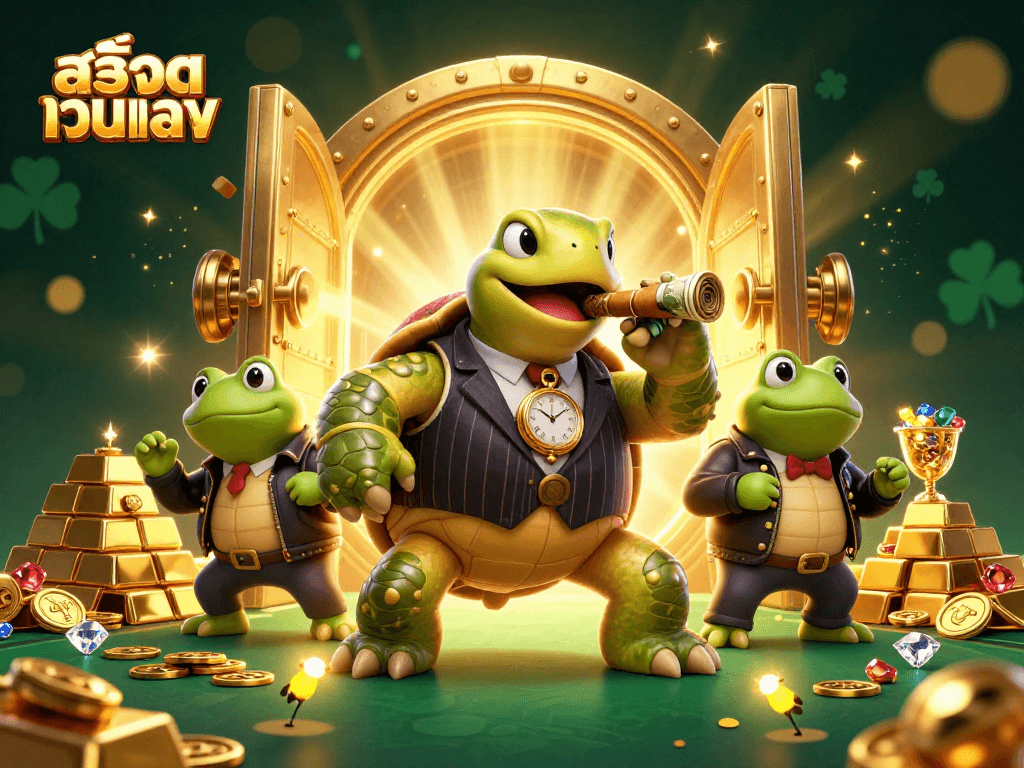 Experience thrilling gameplay with สล็อตเว็บตรง featuring a whimsical turtle in a casino scene.