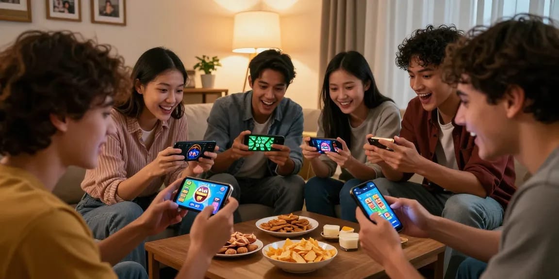 Friends enjoying safe and secure gameplay on the 3 Patti Vegas app in a cozy living room.