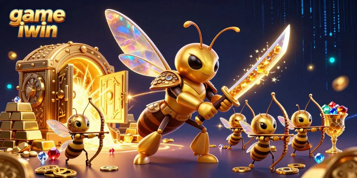 Engage with game iwin through an exciting casino-themed visual showcasing a vibrant scene of characters amidst treasures.