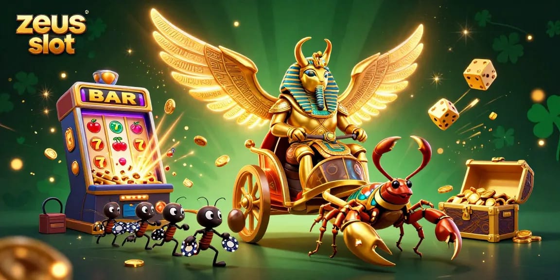Experience the thrill of zeus slot with captivating visuals of golden beetles and jackpot machines.