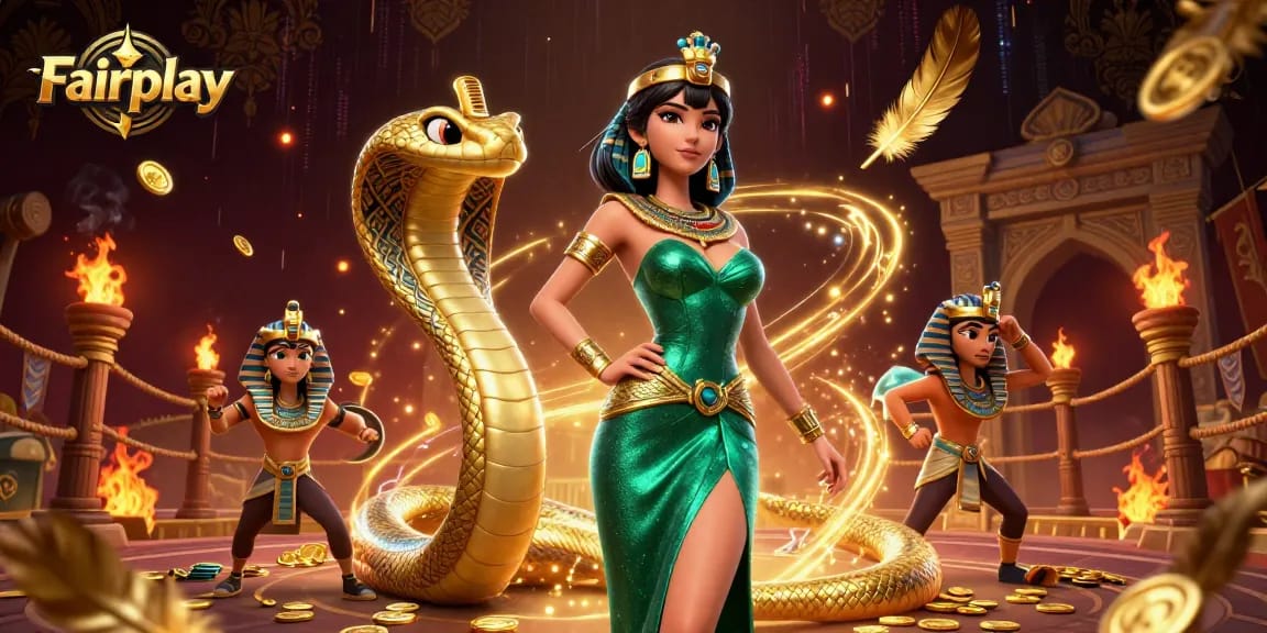 Experience Fairplay with a dazzling casino scene featuring a glamorous woman and golden cobra, rich in detail.