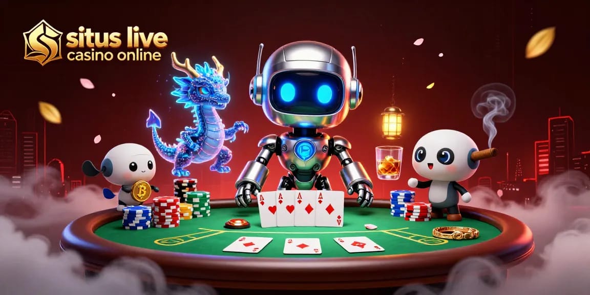 Engage with the situs live casino online experience through a futuristic gaming scene filled with poker excitement.