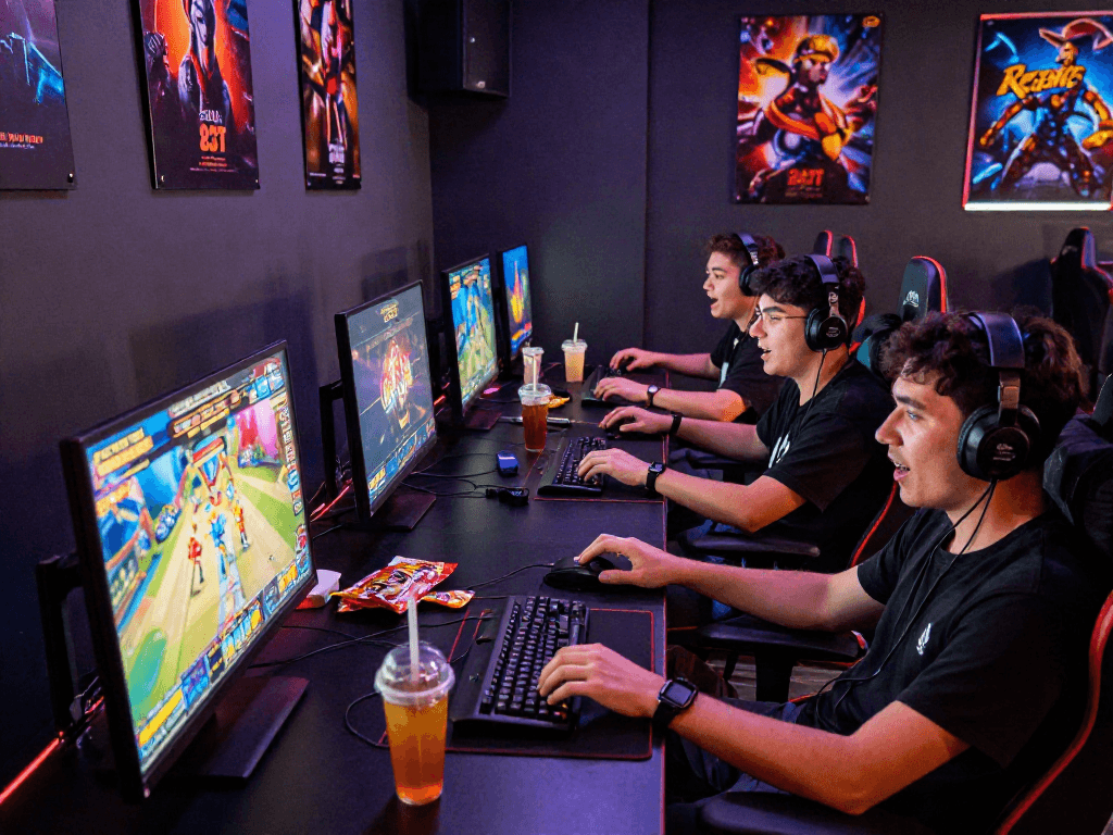 Engaged players enjoying slot89 digital games in a vibrant gaming room atmosphere.