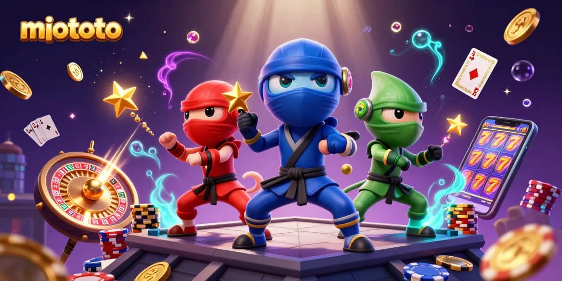 Spin and win with miototo as ninja chameleons showcase thrilling casino action amidst colorful, vibrant gambling elements.