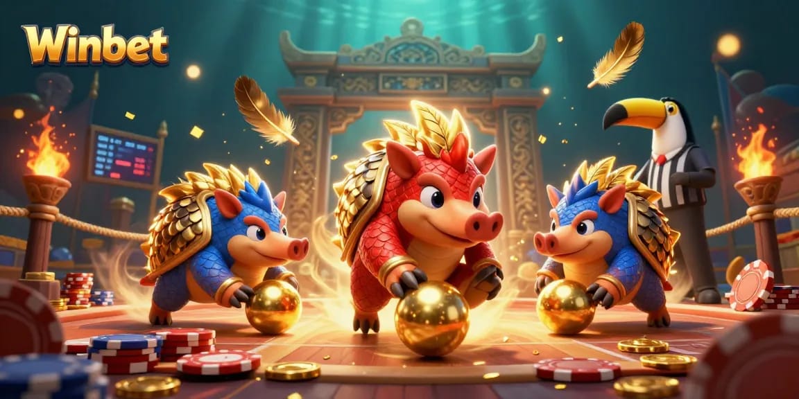 Winbet pangolins playfully rolling golden balls amidst poker chips in a vibrant casino scene.