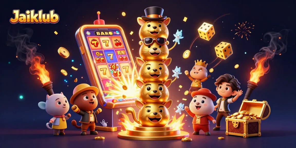 Play exciting games at Jaiclub with a vibrant illustration featuring dynamic slot machines and golden totems.