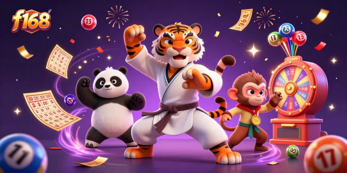 Engage with f168's exciting gaming action featuring a tiger master, panda disciple, and a sneaky monkey in a vibrant casino scene.