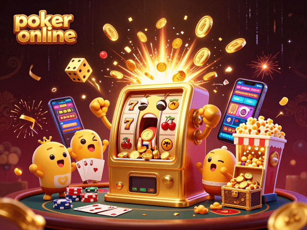 Permainan poker online dengan mesin slot kartun emas, menampilkan momen jackpot yang mengagumkan dan suasana meriah di kasino.