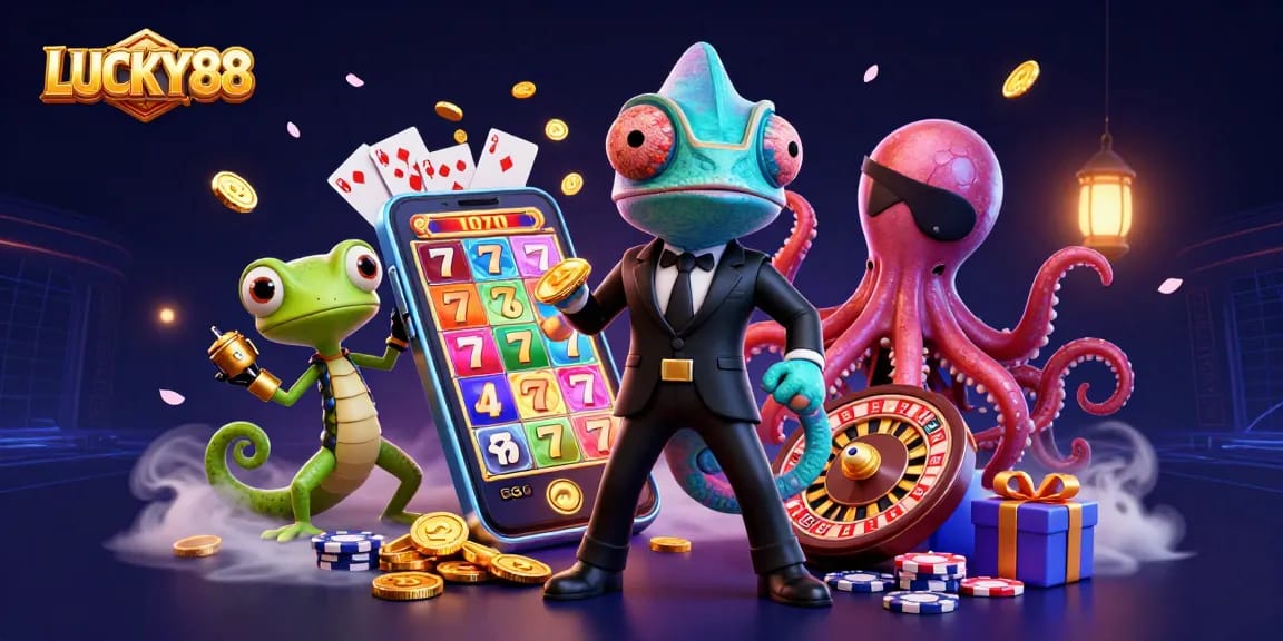 LUCKY88 offers thrilling spins with vibrant characters and engaging gaming elements in a dynamic casino scene.