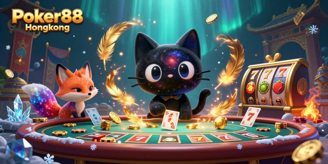 Engage in exhilarating gameplay with Poker88 Hongkong, featuring a swirling cosmic scene of dynamic characters and slot elements.