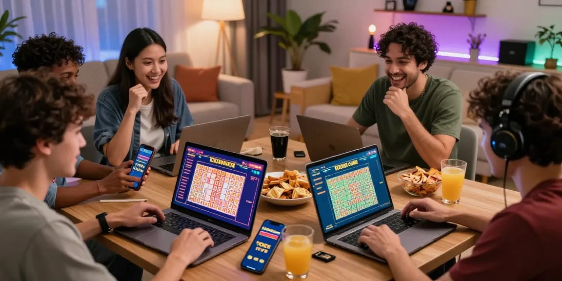 Excited players enjoying Pasaran Togel Terlengkap on laptops and smartphones in a vibrant living room.