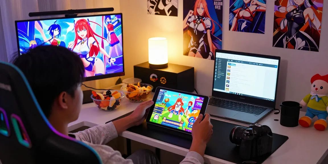 Playing an engaging android hentai game in a cozy bedroom ambiance.