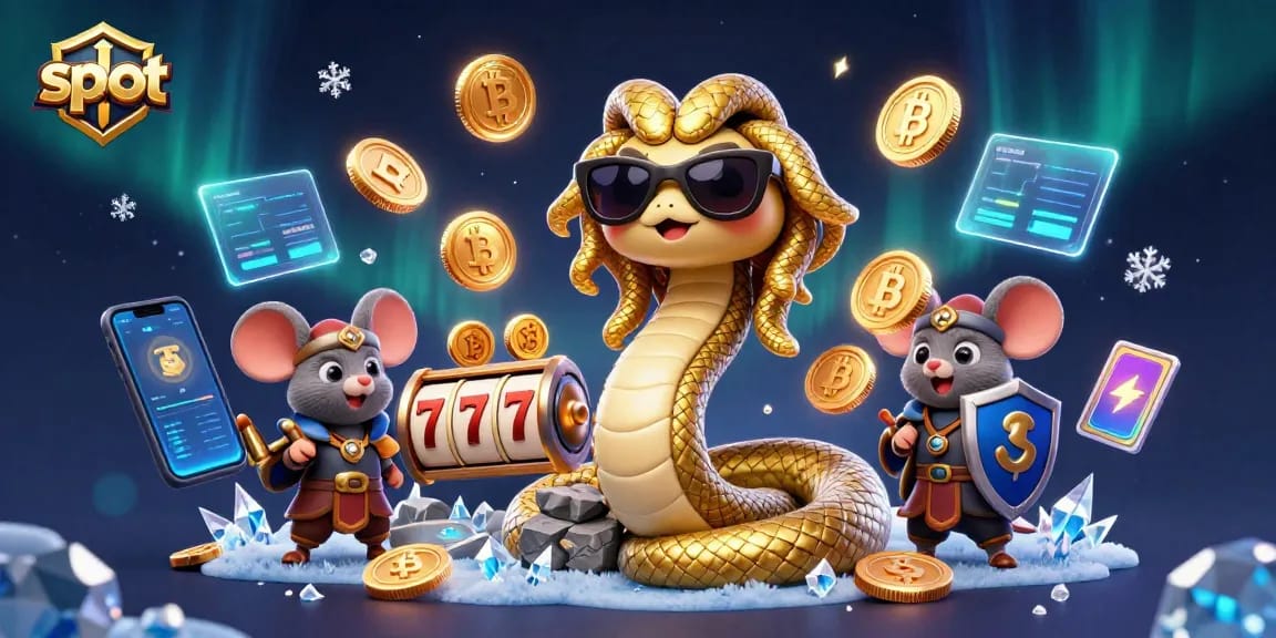 Menangkan slot dengan karakter Medusa dan mouse pahlawan dalam ilustrasi kasino yang penuh warna.
