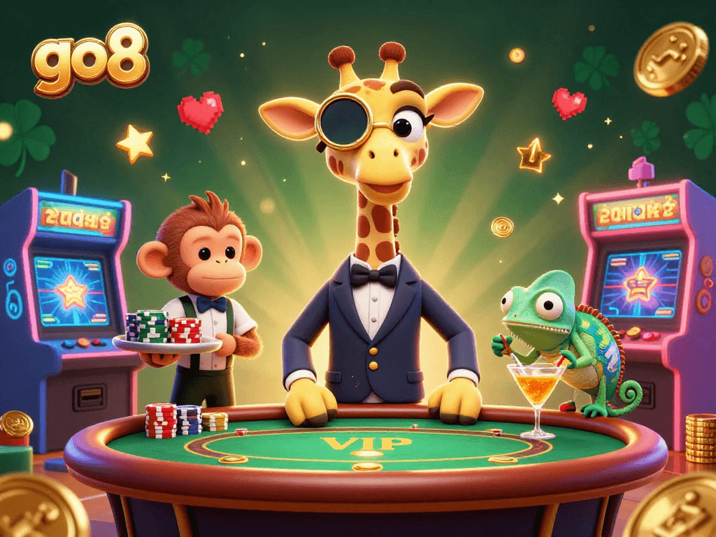 Join the excitement at go8 with our 3D giraffe high-roller at a vibrant casino scene.